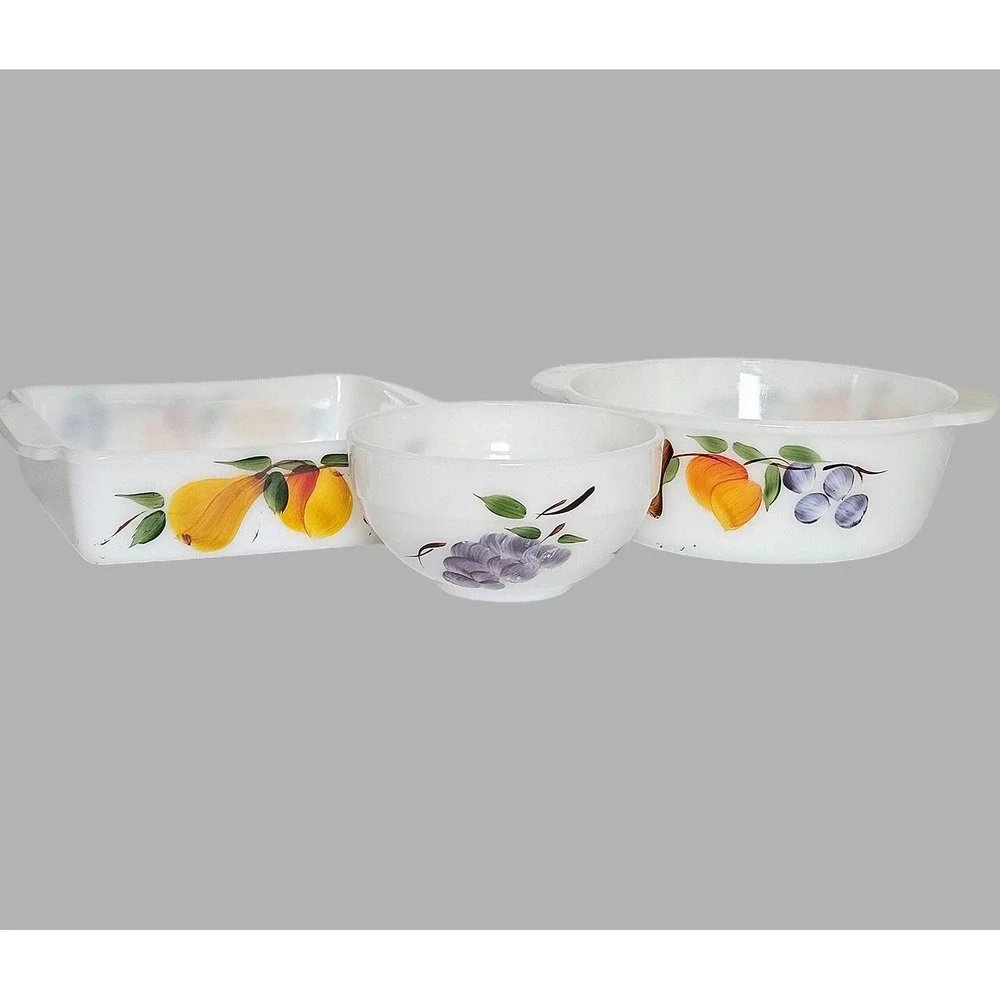 VTG Fire King Gay Fad Fruit Milk Glass Bakeware Set 3pc Square Pan Round Bowl
